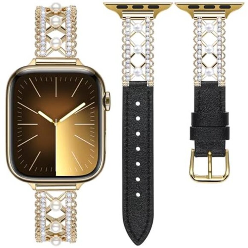 NEW Black/Gold Leather Pearl Apple Watch Band